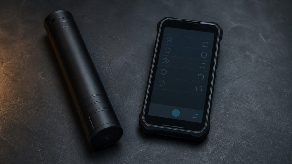 Baton de ronde RFID et smartphone durci cote a cote sur un etabli