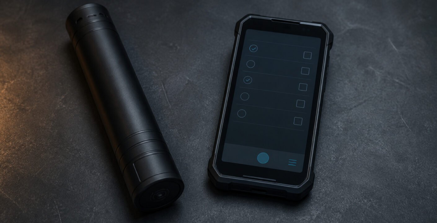 Baton de ronde RFID et smartphone durci cote a cote sur un etabli