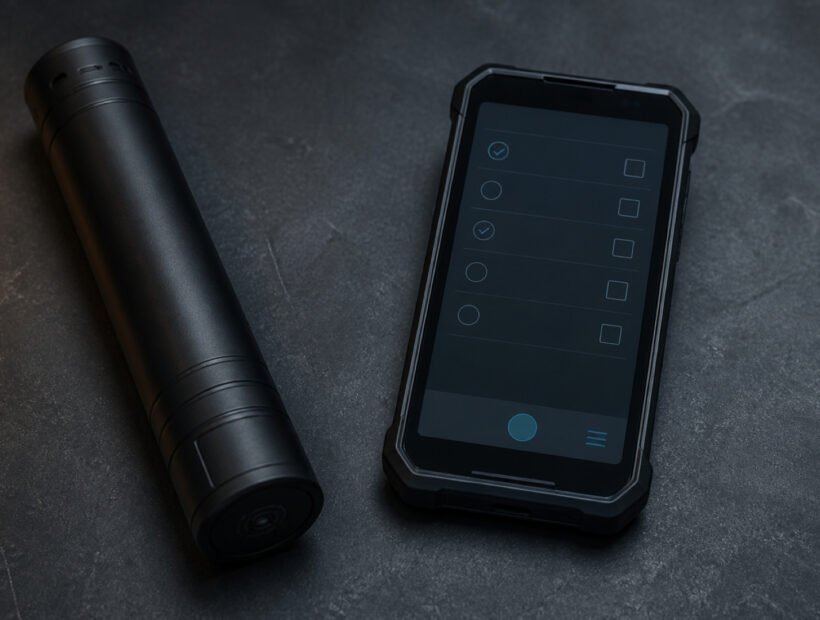 Baton de ronde RFID et smartphone durci cote a cote sur un etabli
