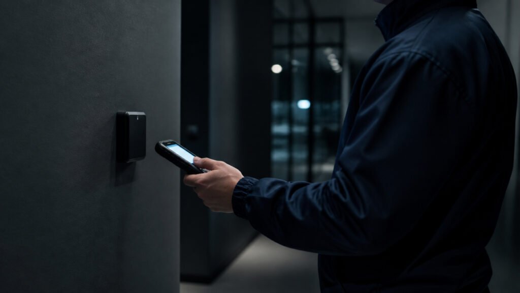 Agent de securite scannant une pastille de pointage avec un terminal durci lors dune ronde de nuit