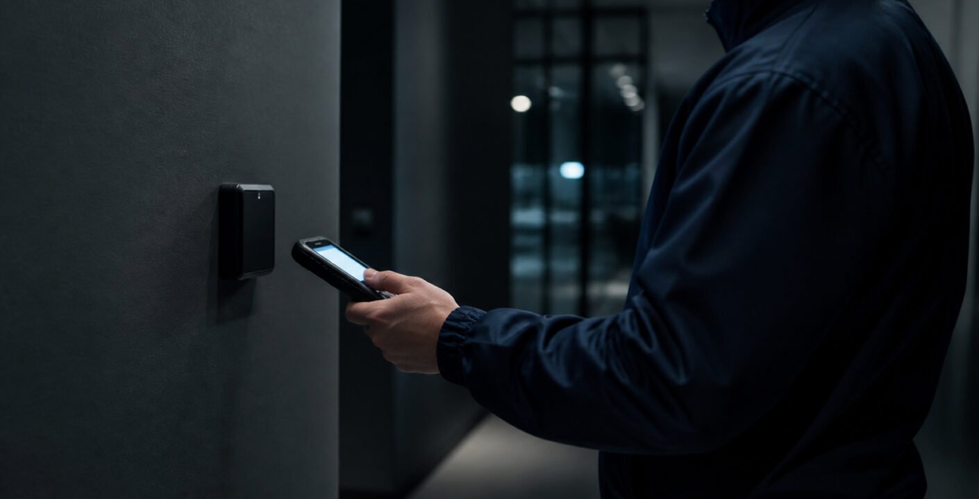 Agent de securite scannant une pastille de pointage avec un terminal durci lors dune ronde de nuit