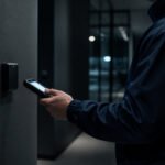 Agent de securite scannant une pastille de pointage avec un terminal durci lors dune ronde de nuit