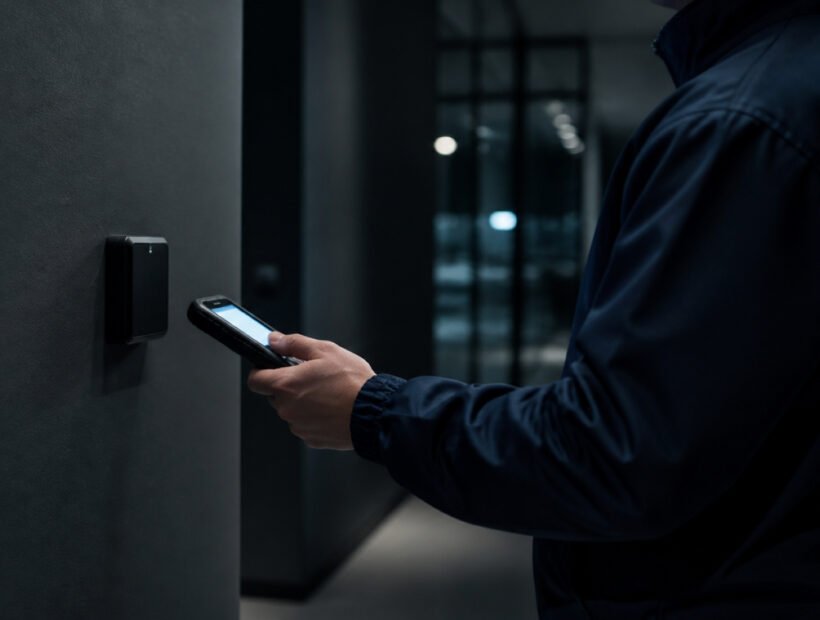Agent de securite scannant une pastille de pointage avec un terminal durci lors dune ronde de nuit