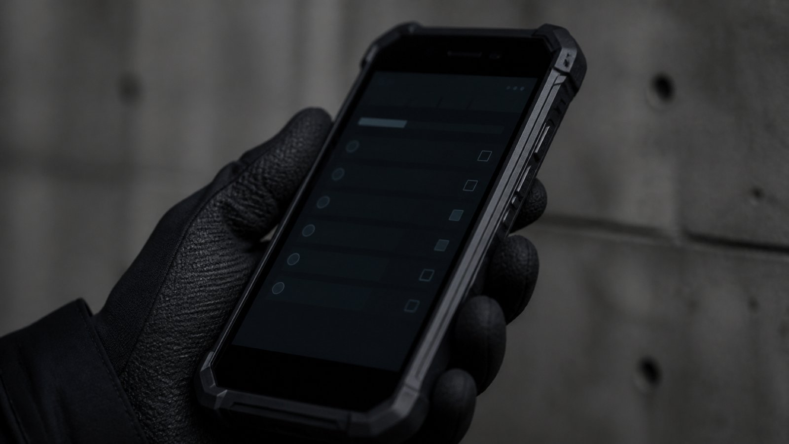 Smartphone durci tenu dans une main gantée, affichant une liste de points de contrôle