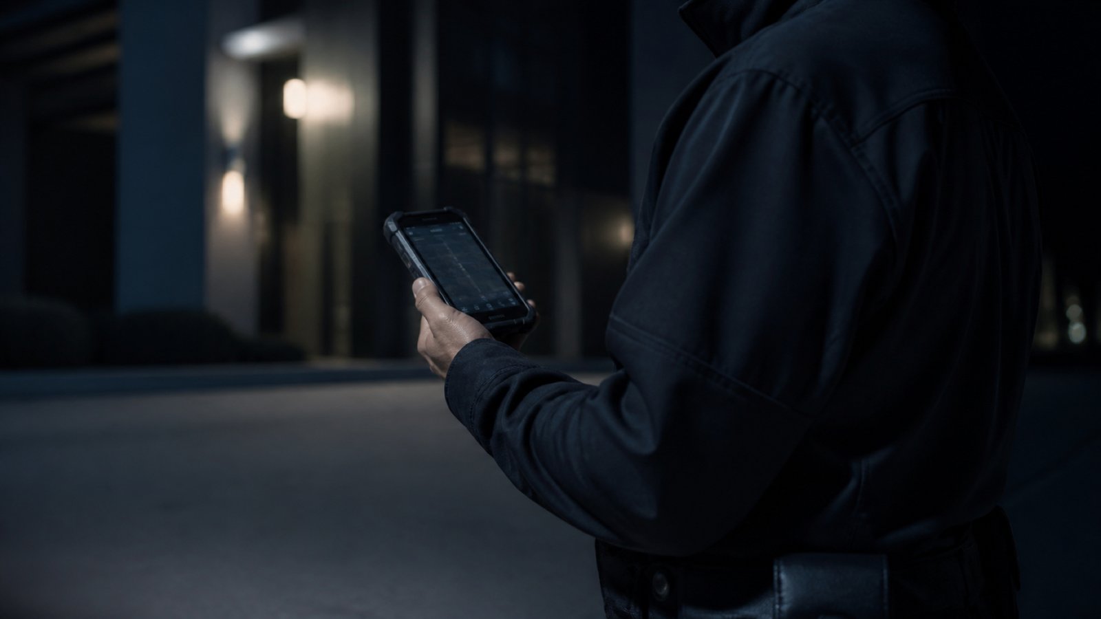 Agent de sécurité utilisant un smartphone durci en ronde de nuit devant un bâtiment